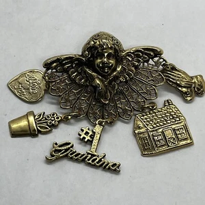Vintage goldfarbene Brosche Anstecknadel Charms #1 Oma Geschenk Oma Engel Cherubs - Bild 1 von 8