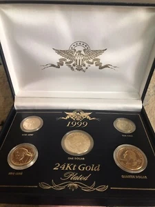 1999 24kt Gold Plated US Mint Proof 5 Coin Set Uncirculated Display Box - Picture 1 of 7