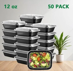 12 Unzen Großpackung 50 Stück mit Deckel Rechteckig Kunststoff Lebensmittel Aufbewahrung Mikrowelle Schale - Bild 1 von 8
