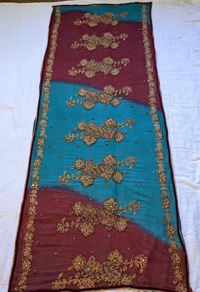 Chal vintage azul rojo lentejuelas bordado joya 100% seda sari boho danza del vientre Foto 1 de 4