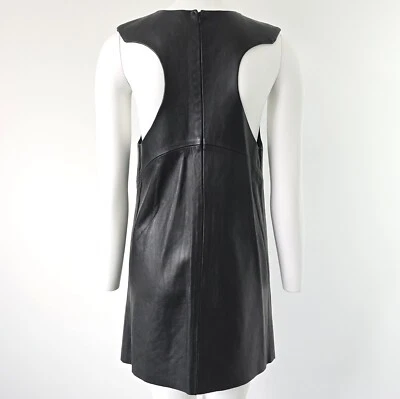 STUNNING WOMENS TOPSHOP UNIQUE A LINE LEATHER SHIFT DRESS BLACK 10 S RETRO MOD — 第 1/4 张图片
