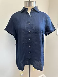 Lands End Navy Blue 100% Linen Shirt Womens Size Small 6-8 Short Sleeve New - Picture 1 of 15