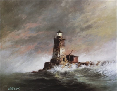 Imagen de pintura al óleo Sentinel Lighthouse American Maritime Coast 1984 impresión vintage Foto 1 de 3