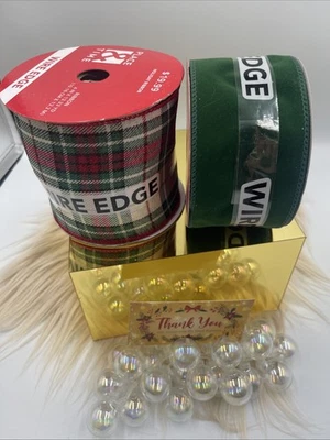 PLACE & TIME 4”  Plaid Wired Ribbon Roll 13 Yards & Green Velvet 8.33 Yd - Image 1 of 4