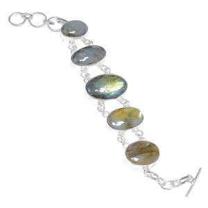 Brazalete de cadena de joyería de plata de ley 925 con piedras preciosas de labradorita natural unisex - Imagen 1 de 5