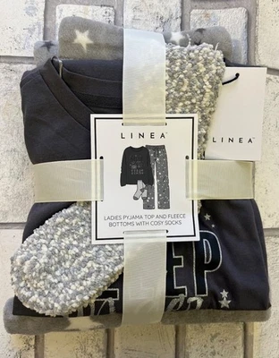 BNWT LINEA Grey Star Long Sleeve  Pyjamas & Sock Gift Set UK8/10 CG M25 - Image 1 of 4
