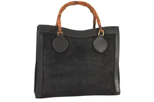 Authentic GUCCI Bamboo Vintage Hand Bag Suede Leather Black Junk 2113N - Picture 1 of 10