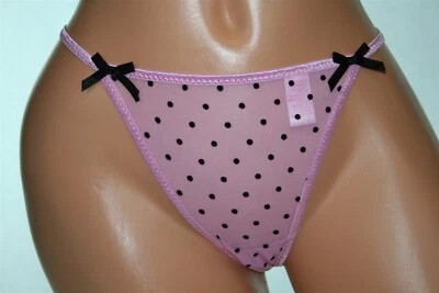 Pink Thong with Shiny Bands, Black Polka Dots and Shiny Bows Size S - Image 1 of 2