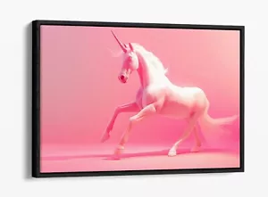 STAMPA ARTE PARETE TELA INCORNICIATA EFFETTO GALLEGGIANTE UNICORNO BIANCO GALOPPO ROSA - Foto 1 di 12