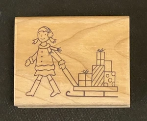 A Muse Rubber Stamp Girl with Sled 2-6133F Christmas Birthday Winter 2.25x1.75” - Picture 1 of 6