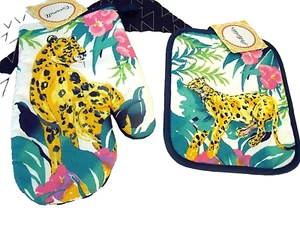NUEVO Set 2 SOPORTES Y GUANTES DE HORNO Flores ALGODÓN Gato Leopardo Selva Tropical - Imagen 1 de 3