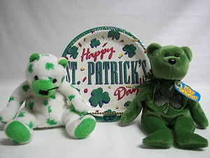 Irish TY Beanie Baby Bears Luckier & Clover Green St Patrick Day Plates - Picture 1 of 6