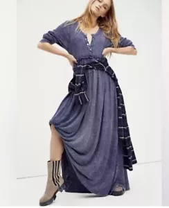 Free People Marissa Henley Waffle Knit Maxi Dress M Oversized Boho Thermal Blue - Picture 1 of 13