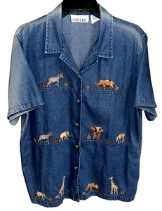 Women's Denim Shirt Casey & Max Large Embroider Applique Animals Safari African - Picture 1 of 15