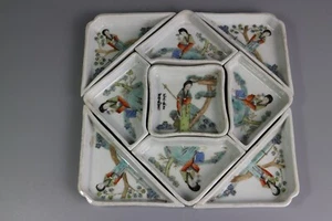 Hermosa familia china rosa porcelana dama nueve en un plato - Imagen 1 de 10