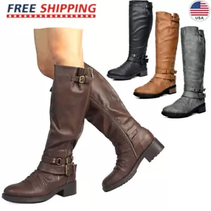 DREAM PAIRS Damenschuhe mit Reißverschluss Militär niedriger Absatz Schnalle Reiten kniehohe Stiefelschuhe - Bild 1 von 9