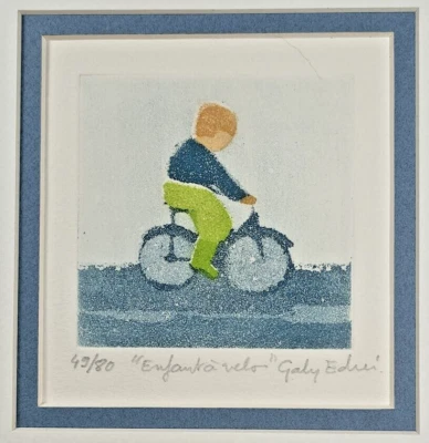 Arte Francés Gaby-Eden Firmado Titulado Numerado Niño a Vélo Aguatinta Colores Impresión Foto 1 de 4