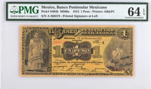 MEXICO. El Banco Peninsular Mexicano. 1 Peso, 1913. P-S464b. PMG 64 EPQ - Picture 1 of 4