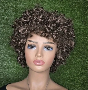 Peluca corta rizada de cabello afro humano con flequillo, marrón rojizo cosplay 156 - Imagen 1 de 4