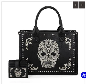 Montana West Black Embroider Sugar Skull Conceal Carry Tote/Crossbody Wallet Set - Picture 1 of 12
