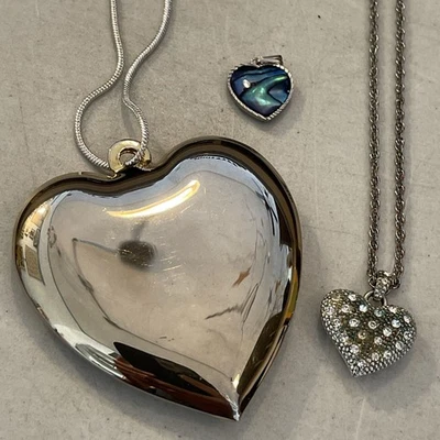 x3 Heart Jewelry Pendants Necklace Abalone Marcasite Large Puffy Metal Chico’s + - Image 1 of 4