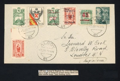 1939 Spain Cover To GB, Alcoy Spanish Civil War Franco & Charity Labels - Image 1 of 2