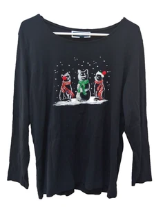 Karen Scott Womens Holiday Top 1X Christmas Cats Black Red Cotton Long Sleeve - Picture 1 of 5