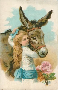 1880er viktorianische Sammelkarte Mädchen & Esel Löwe Kaffee Woolson Gewürz Toledo OH - Bild 1 von 2