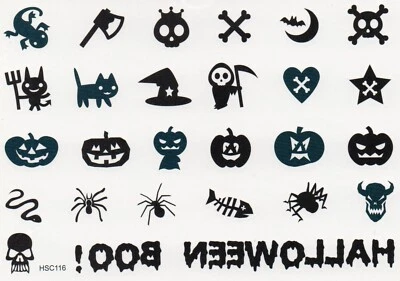 TEMPORARY BODY TATTOOS Halloween Temporäre Körper Tattoos Totenkopf Kürbis Spinne Knochen Booh Newt Fledermaus HSC116