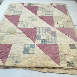 vintage handmade quilt twin patchwork red feedsack cotton primitive rustic - Picture 1 of 18