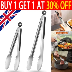 9/12inch Stainless Steel Kitchen Tongs with Black Handle Locking Mechanism UK - Picture 1 of 10