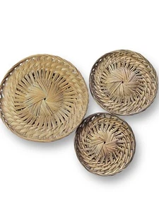 Vtg Lot (3) Rattan Boho Woven Basket Wall Decor Plant Tray 12” 14” 16” - Picture 1 of 12