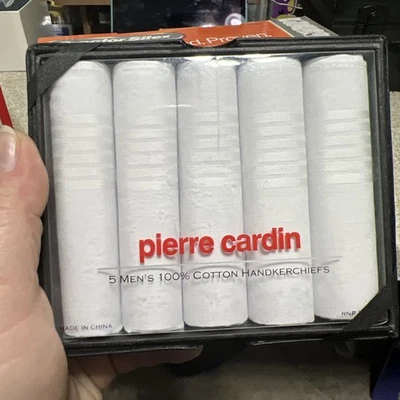 Conjunto de 5 lenços masculinos 100% algodão Pierre Cardin Whote com caixa de presente   - Imagem 1 de 2