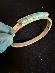 Vtg Taxco Mexico Sterling Silver Raised Turquoise Channel Inlay Hinged Bracelet - Picture 1 of 4