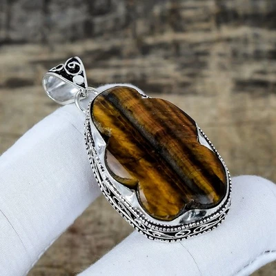 Naturale Occhio di Tigre Nuvola Gemma Fatto a Mano 925 Pendente Argento Sterling - Immagine 1 di 4