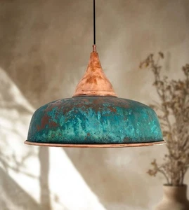 Rustikale Patina Kupfer Pendelleuchte - gealtert blau grün Hängelampe | Handarbeit Ind - Bild 1 von 10