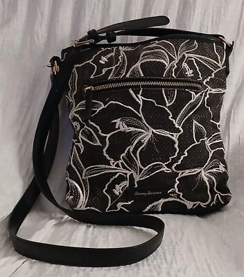 TOMMY BAHAMA Cotton Linen Blend Black Floral Embroidered Crossbody Bag Purse - Image 1 of 4