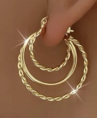 14k Yellow GP Multi-layer Hoop Earrings Hypoallergenic  Tarnish Resistant - Image 1 of 4