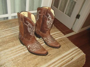 STACY BOOTS Brown Snip Toe Inlay Glitter Cowgirl Western Youth sz 1.5 Mex 21.5 - Picture 1 of 10