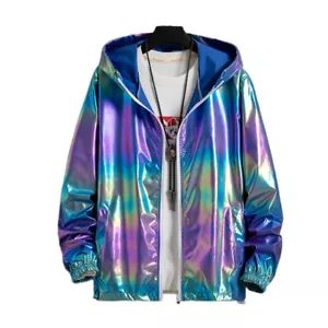 Unisex Hooded Coat Iridescent Shiny Holographic Jacket Harajuku Fashion Tops - Picture 1 of 16