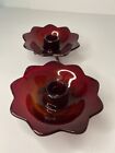 Pair Amberina Glass 3 Footed Fenton Scalloped Fenton Lotus Candle Holders