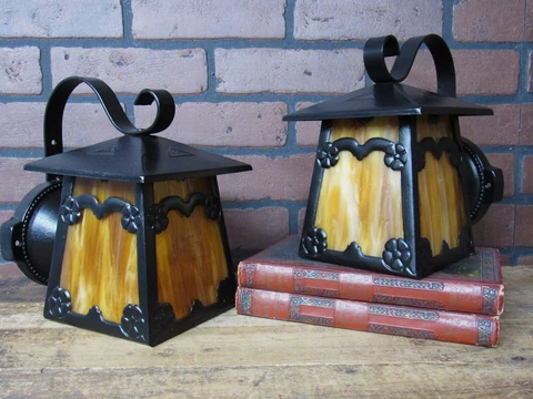 Pair Vintage Antique Porch Light Sconces Craftsman Bungalow Restored 9" Tall Cover