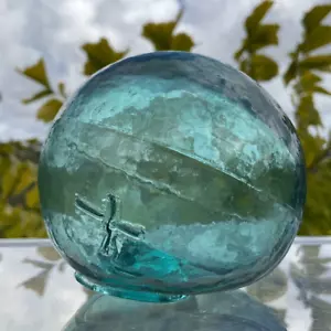 Antique Japanese Glass Fishing Float 3” Aqua Blue Hand-Blown with Cross Design - Picture 1 of 11