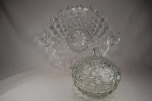 Cube Fostoria American No. 2056 EAPG Compote Candy Dish w Lid & Handled Platter  - Picture 1 of 9