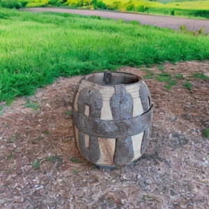 Rustic Vintage Maana Pot – Handcrafted Wooden Vessel with Aged Iron Bands - Picture 1 of 5