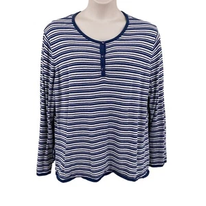 Faded Glory Woman Knit Top Henley Blue Stripe Size 22W/24W Long Sleeve Side Slit - Picture 1 of 13