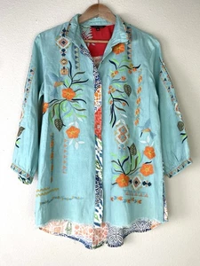John Mark türkis bestickt Blumen Knopfleiste Bluse roher Saum 3/4 Ärmel Größe XS - Bild 1 von 9