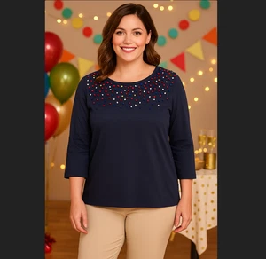 Talbots Knot Confetti Pom Pom Navy Blue 3/4 Sleeve Cotton Pullover Top XL PET - Picture 1 of 13