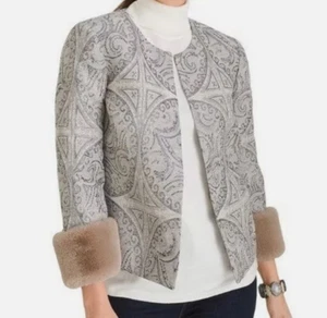 Chicos Jacquard Metallic Jacke Kunstfell abnehmbare Bündchen Gr. XL Petite - Bild 1 von 11