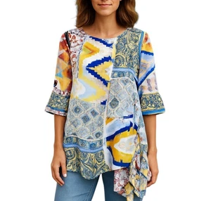 Calessa Patchwork Southwest Indian Print Ruffled BOHO Longer Tunic Medium - Picture 1 of 14